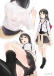  1girl 2016 ama_mitsuki ass back bag black_bra black_hair black_legwear black_panties black_skirt blush bra brown_eyes clothes_around_waist commentary_request dated from_below full_body hair_ornament hairclip kantai_collection loafers long_hair looking_at_viewer multiple_views necktie open_mouth oyashio_(kantai_collection) panties pantyshot pen pleated_skirt school_bag school_uniform see-through shirt shoes simple_background skirt sleeves_rolled_up socks solo standing striped striped_necktie sweater_around_waist underwear white_background white_shirt 