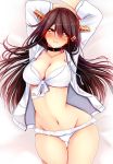  adapted_costume alternate_costume arms_up black_hair blush breasts choker cleavage commentary_request hair_between_eyes hair_ornament hairclip haruna_(kantai_collection) headgear highres kantai_collection large_breasts long_hair looking_at_viewer navel stomach swimsuit tsukui_kachou white_swimsuit yellow_eyes 