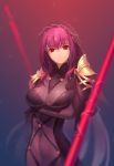  1girl blurry bodysuit breasts depth_of_field expressionless fate/grand_order fate_(series) gae_bolg highres long_hair looking_at_viewer mao_mao_wansui pauldrons polearm purple_hair red_eyes scathach_(fate/grand_order) solo spear veil weapon 