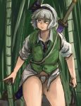  1girl ascot bamboo bamboo_forest bob_cut chanta_(ayatakaoisii) collared_shirt cowboy_shot flat_chest focused forest fundoshi green_eyes green_vest grey_hair hairband highres japanese_clothes konpaku_youmu looking_to_the_side looking_up nature no_pants sheath sheathed shirt short_hair sleeves_rolled_up solo standing thighs touhou white_shirt wind 