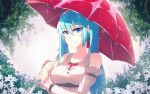  1girl absurdres bangs bare_shoulders blue_eyes blue_hair blush bow breasts bush closed_mouth collarbone detached_sleeves flower hair_ornament hatsune_miku highres holding holding_umbrella large_breasts long_hair looking_at_viewer nas_(z666ful) rain red_bow smile solo twintails umbrella upper_body vocaloid 