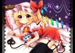  &gt;:&lt; 1girl absurdres ascot bed black_legwear blonde_hair blush bow character_doll closed_mouth crystal fang flandre_scarlet garter_belt garter_straps hat hat_bow highres laevatein looking_at_viewer lying mob_cap on_bed on_side open_mouth pillow puffy_short_sleeves puffy_sleeves red_bow red_eyes red_shirt red_skirt remilia_scarlet ruhika shirt short_sleeves side_ponytail skirt skirt_set solo thigh-highs touhou wings wrist_cuffs 