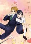  1boy 1girl black_hair blue_eyes brown_eyes brown_hair kitashirakawa_tamako long_hair low_twintails momose_(oqo) necktie official_style ooji_mochizou school_uniform short_hair string_phone tamako_market twintails 