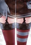  1girl amatsukaze_(kantai_collection) armor asymmetrical_legwear buttons close-up dress garter_straps gloves kantai_collection legs_apart lower_body microdress out_of_frame red_legwear solo striped striped_legwear thigh-highs white_gloves yumekii 