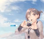  1girl blue_eyes camcorder card_in_mouth heart heart_hands mouth_hold one_eye_closed original product_placement sd_card sky smile solo yomo_(majidon) 