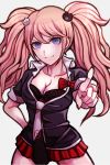  1girl bear_hair_ornament blue_eyes bow breasts cleavage cowboy_shot dangan_ronpa dangan_ronpa_1 enoshima_junko grey_background hair_ornament hand_on_hip hisida loose_necktie miniskirt nail_polish necktie pink_hair pleated_skirt pointing pointing_at_viewer red_nails red_skirt simple_background skirt smile solo spoilers twintails 