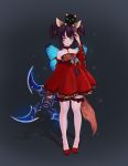  1girl animal animal_ears animal_on_head arm_up bare_shoulders black_hair braid butterfly_wings cat cat_on_head choker detached_sleeves dog_ears dress elin_(tera) green_eyes highres horns long_hair red_dress shoes shuriken strapless strapless_dress tail tera_online thigh-highs twin_braids twintails weapon white_legwear wings 