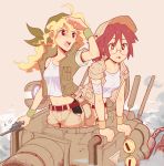  2girls bandanna blonde_hair brown_hair collaboration doshachump fio_germi glasses ground_vehicle gun handgun hat highres jacket kasamoto_eri looking_at_viewer metal_slug midriff military military_vehicle motor_vehicle multiple_girls navel sally_(luna-arts) sweat tank tank_top weapon wristband 