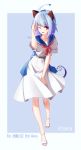  1girl absurdres ahoge anchor arnold-s atlanta_(zhan_jian_shao_nyu) belt blue_hair bow casual cattail character_name dress full_body highres looking_at_viewer one_eye_closed parted_lips plant sailor_dress short_hair solo yellow_eyes zhan_jian_shao_nyu 