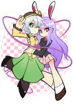  2girls animal_ears arm_around_waist full_body green_eyes hat highres komeiji_koishi multiple_girls no_nose one_eye_closed panty_&amp;_stocking_with_garterbelt parody purple_hair rabbit_ears red_eyes reisen_udongein_inaba sensei_dezzy silver_hair skirt smile style_parody third_eye touhou yuri 