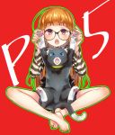  1girl akira_(natsumemo) bangs bare_legs barefoot blunt_bangs blush brown_hair cat glasses indian_style long_hair looking_at_viewer open_mouth persona persona_5 sakura_futaba shirt simple_background sitting solo striped striped_shirt toenail_polish violet_eyes 