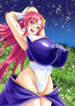  1girl armpits arms_up blue_eyes blush breasts covered_nipples error gloves groin gundam gundam_seed gundam_seed_destiny hair_ornament highres huge_breasts long_hair meer_campbell pink_hair sky solo star_(sky) starry_sky thighs tree white_gloves yachan 