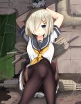  1girl arms_up black_legwear blue_eyes breasts commentary_request drum_(container) gloves grey_skirt hair_ornament hair_over_one_eye hairclip hamakaze_(kantai_collection) kanna_(horntp) kantai_collection knees_together_feet_apart large_breasts looking_at_viewer machinery neckerchief pantyhose pleated_skirt school_uniform serafuku short_hair short_sleeves silver_hair sitting skirt solo turret twitter_username white_gloves 