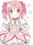  1girl :t _at_viewer ahoge blush choker dress gloves hair hands_on_hips highres hitode kaname_madoka looking magical_girl mahou_shoujo_madoka_magica pink_eyes pink_hair pout ribbon short_hair solo tagme tied_hair twintails 