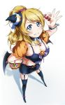  1girl alternate_costume ayase_eli black_legwear blonde_hair blue_eyes breasts candy cleavage from_above garter_straps halloween_costume hand_on_hip hat high_ponytail highres long_hair looking_at_viewer looking_up love_live! love_live!_school_idol_festival love_live!_school_idol_project mini_hat shiimai smile solo 