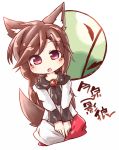  1girl animal_ears bamboo bamboo_forest brooch brown_hair chibi dress forest full_moon imaizumi_kagerou jewelry long_sleeves looking_at_viewer moon nature open_mouth red_eyes simple_background sitting solo tail touhou white_background wide_sleeves wolf_ears wolf_tail 