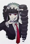  1girl bangs black_hair black_nails blunt_bangs bonnet celestia_ludenberck claw_ring dangan_ronpa dangan_ronpa_1 drill_hair fingernails gothic_lolita grey_background hisida index_finger_raised lolita_fashion long_fingernails long_hair looking_at_viewer nail_polish necktie red_eyes red_necktie simple_background solo twin_drills twintails upper_body 