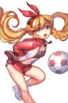  1girl :d angshung ball bandaged_leg blue_eyes bow bunny_hair_ornament hair_bow hair_ornament hands_in_pockets highres jacket lina_(soccer_spirits) navel official_art open_mouth red_bow shirt shoes smile sneakers soccer_ball soccer_spirits socks solo sports_bra track_jacket twintails white_legwear white_shoes 