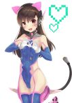  1girl adapted_costume animal_ears bare_shoulders blue_leotard blush bodysuit bracer breasts breasts_apart brown_eyes brown_hair bunny_print cat_ears cowboy_shot d.va_(overwatch) detached_sleeves elbow_gloves eyebrows eyebrows_visible_through_hair facepaint facial_mark fake_animal_ears garter_straps gloves haru_to_neru_(act_partner) headphones heart heart_hands highleg highleg_leotard hips leg_up legs_together leotard long_hair looking_at_viewer mechanical_tail open_mouth overwatch ribbed_leotard simple_background sleeveless small_breasts smile solo standing standing_on_one_leg tail thigh-highs turtleneck whisker_markings white_background white_gloves 