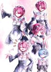  &gt;:d 2girls :d absurdres bare_shoulders blue_eyes blue_hair closed_eyes detached_sleeves eyebrows hair_ornament hair_over_one_eye hand_on_hip highres karadborg maid_headdress multiple_girls off_shoulder open_mouth pink_hair pose ram_(re:zero) re:zero_kara_hajimeru_isekai_seikatsu rem_(re:zero) short_hair siblings sisters smile twins x_hair_ornament 