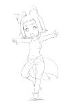  1girl ahoge animal_ears balancing chibi denim fox_ears fox_tail highres jeans monochrome multiple_tails navel niwatazumi open_mouth original outstretched_arms pants short_hair sidelocks sketch solo spread_arms strapless tail tubetop white_background 