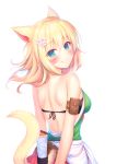  1girl animal_ears arms_behind_back backless_outfit bare_shoulders bikini_top blonde_hair blue_eyes cat_ears cat_tail commentary_request eyebrows_visible_through_hair facial_mark final_fantasy final_fantasy_xiv flower hair_flower hair_ornament highres leaves_in_wind long_hair looking_at_viewer looking_back miqo&#039;te motion_blur mutsuba_fumi partial_commentary revision smile solo tail 