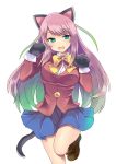  1girl animal_ears aqua_eyes blazer boots bow cat_ears cat_tail cross-laced_footwear gloves hashimoto_nyaa highres jacket lace-up_boots long_hair mako_dai_ni-dai multicolored_hair osomatsu-san paw_gloves paw_pose pink_hair pleated_skirt ribbon school_uniform simple_background skirt solo standing streaked_hair tail white_background yellow_ribbon 