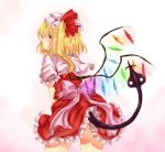  1girl blonde_hair blush bow crystal flandre_scarlet frilled_skirt frills from_behind hat hat_ribbon koto_inari laevatein laevatein_(tail) long_hair looking_back mob_cap pink_bow red_eyes red_ribbon red_skirt ribbon side_ponytail sideways_mouth skirt skirt_set solo tail touhou white_hat wings 