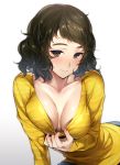  1girl akira_(natsumemo) black_hair blush breasts brown_eyes cleavage eyebrows gradient gradient_background kawakami_sadayo long_sleeves looking_at_viewer messy_hair persona persona_5 shirt shirt_pull short_hair smile solo striped striped_shirt 