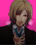  1boy beard blonde_hair blue_necktie breath close-up dangan_ronpa dangan_ronpa_3 drooling facial_hair formal hisida kizakura_kouichi male_focus mustache nail_polish naughty_face necktie pink_background pink_nails red_eyes simple_background solo suit 