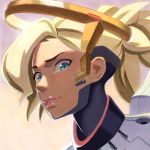  1girl blonde_hair blue_eyes bodysuit face headgear highres lipstick looking_at_viewer makeup marker_(medium) mechanical_halo mercy_(overwatch) nose nuri_durr overwatch parted_lips pink_lips pink_lipstick ponytail solo traditional_media turtleneck 