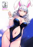  1girl animal_ears ass_visible_through_thighs ball bangs bare_legs bare_shoulders beachball blue_background blue_swimsuit blush breasts bunnysuit carina_(xiaowoo) choker cleavage closed_mouth collarbone cowboy_shot curly_hair dutch_angle earrings eri_(carina) eyelashes glasses hair_between_eyes halterneck highres jewelry large_breasts long_hair looking_at_viewer multiple_views navel navel_cutout number ocean one-piece_swimsuit original pink_lips rabbit_ears red-framed_eyewear red_eyes silver_hair skindentation sky stomach stud_earrings swimsuit two-tone_background wading white_background 