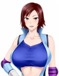  1girl blush breasts brown_eyes brown_hair center_opening cleavage collarbone do_konjouuo elbow_pads gloves huge_breasts kazama_asuka looking_at_viewer namco open_mouth short_hair solo sports_bra tekken upper_body white_background 