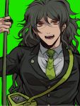  1boy butterfly_net dangan_ronpa formal glasses green_background green_hair hand_net hisida insect_cage long_hair male_focus messy_hair muscle new_dangan_ronpa_v3 orange_eyes simple_background smile solo suit upper_body 