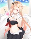  1girl beach bikini_skirt blonde_hair blush breasts cleavage hair_flaps kantai_collection large_breasts long_hair looking_at_viewer maosame messy_hair midriff ocean red_eyes remodel_(kantai_collection) scarf shaved_ice smile solo v very_long_hair yuudachi_(kantai_collection) 