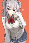  1girl blue_eyes breasts cardigan hand_on_own_thigh kantai_collection kashima_(kantai_collection) large_breasts leaning_forward miniskirt mobu neckerchief pleated_skirt sidelocks silver_hair skirt sleeves_past_wrists solo tsurime twintails wavy_hair 