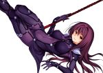  1girl bangs bodysuit breasts covered_navel fate/grand_order fate_(series) gae_bolg gloves hair_between_eyes hair_intakes holding holding_weapon kazuma_muramasa large_breasts long_hair looking_at_viewer lying purple_hair red_eyes scathach_(fate/grand_order) simple_background smile solo spaulders thigh-highs weapon white_background 