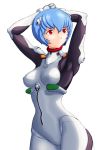  1girl arms_up ayanami_rei blue_hair bodysuit breasts captain_katawa hairpods highres light_smile neon_genesis_evangelion pilot_suit plugsuit red_eyes revision short_hair small_breasts solo 