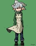  +_+ 1girl alternate_costume apron bow dateglasses eyebrows food food_on_head full_body green_background hair_bow hat hotaru_(splatoon) looking_at_viewer mole mole_under_eye object_on_head open_mouth pointy_ears sandals short_hair silver_hair simple_background socks solo splatoon symbol-shaped_pupils tentacle_hair tentacles thick_eyebrows 