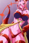  1girl aokura_shou benigio breasts demon_girl demon_tail hand_on_hip highres horns large_breasts looking_down mahou_girls_precure! parted_lips pink_hair pink_skin pointy_ears precure red_eyes short_hair solo tail thick_thighs thighs 