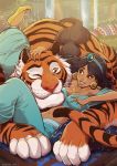  1girl aladdin_(disney) animal breasts cleavage danusko dark_skin disney hand_on_another&#039;s_head highres jasmine_(disney) midriff navel smile tiger water waterfall 