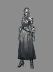  1girl armor azuki_(azuki-taste) belt full_armor gauntlets greaves helmet high_heels highres knight original simple_background solo spaulders trench_coat turtleneck 