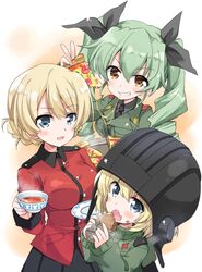  3girls anchovy blonde_hair blue_eyes braid brown_eyes cup darjeeling drill_hair fang food girls_und_panzer green_hair helmet highres hizuki_yayoi jacket katyusha long_hair military military_uniform multiple_girls necktie pizza short_hair teacup tied_hair twin_braids twin_drills twintails uniform 