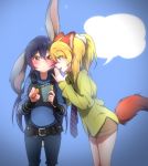  2girls :&lt; animal_ears ayase_eli blank_speech_bubble blonde_hair blue_eyes blue_hair blush brown_eyes bulletproof_vest bunny_tail carrot chestnut_mouth crossover donuthole fox_ears fox_tail green_shirt highres judy_hopps_(cosplay) love_live! multiple_girls necktie nick_wilde_(cosplay) notebook pen police police_uniform policewoman proposal rabbit_ears shirt sonoda_umi speech_bubble tail uniform whispering yuri zootopia 