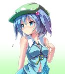  1girl adapted_costume arm_behind_back bare_arms bare_shoulders blue_eyes blue_hair blush breasts flat_cap gradient gradient_background hair_bobbles hair_ornament hand_on_own_chest hat kawashiro_nitori key looking_to_the_side navel ryogo shirt short_hair simple_background sleeveless sleeveless_shirt small_breasts solo sweat touhou twintails upper_body wing_collar 