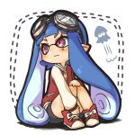  1girl :3 bangs bike_shorts black_shorts blue_hair blunt_bangs conomi-c5 domino_mask full_body goggles goggles_on_head inkling jacket leg_hug letterman_jacket long_hair long_sleeves looking_away mask pointy_ears red_jacket shorts sitting smile solo splatoon squid tentacle_hair violet_eyes 