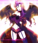  1girl almaria ange_vierge demon_wings fangs garter_straps highres long_hair purple_hair screencap solo thigh-highs wings yellow_eyes 