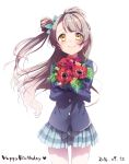  1girl bangs blazer bow chiigo commentary_request cowboy_shot crossed_arms dated green_bow grey_hair hair_bow happy_birthday holding_bouquet jacket long_hair long_sleeves looking_at_viewer love_live! love_live!_school_idol_project minami_kotori one_side_up plaid plaid_skirt pleated_skirt side_bun simple_background skirt smile solo white_background yellow_eyes 