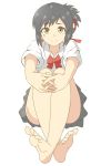  1girl barefoot black_hair brown_eyes crossed_ankles feet hair_ribbon highres kimi_no_na_wa kukkumann leg_hug miyamizu_mitsuha necktie ribbon school_uniform short_hair simple_background sitting soles solo toes white_background 