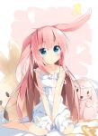  1girl animal_ears bare_arms bare_shoulders barefoot blue_eyes blush commentary_request dress eyebrows eyebrows_visible_through_hair hair_between_eyes highres indian_style kushida_you long_hair looking_up original parted_lips pink_hair rabbit_ears sitting stuffed_toy v-arms wariza white_dress 